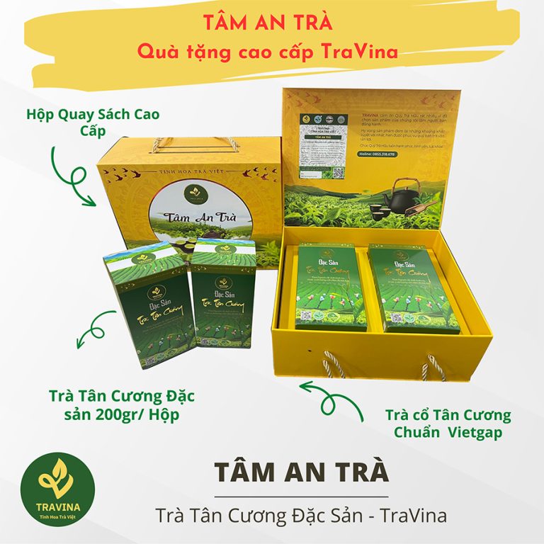 Tết 2027 biếu ai set trà nào? 8 mẫu giá từ 400 nghìn Set trà quà biếu Tâm An Trà hộp giấy có quai xách bên ấm chén