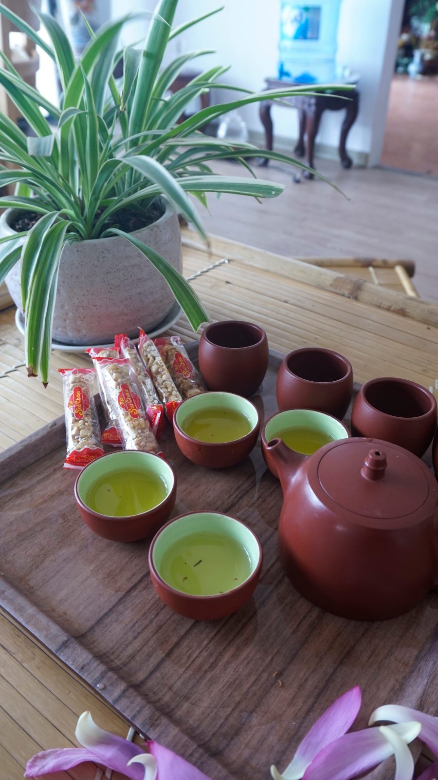 Ấm chén tử sa bên cánh sen hồng
