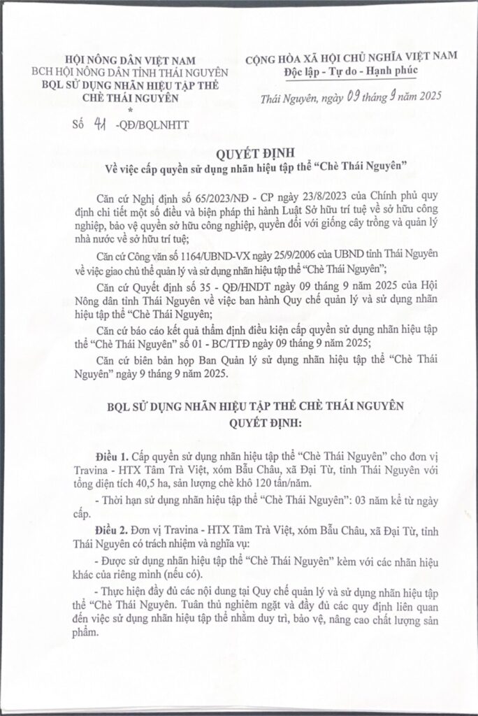 Chứng nhận & giấy tờ pháp lý Quyết định số 41-QĐ/BQLNHTT cấp quyền sử dụng nhãn hiệu tập thể Chè Thái Nguyên cho TRAVINA