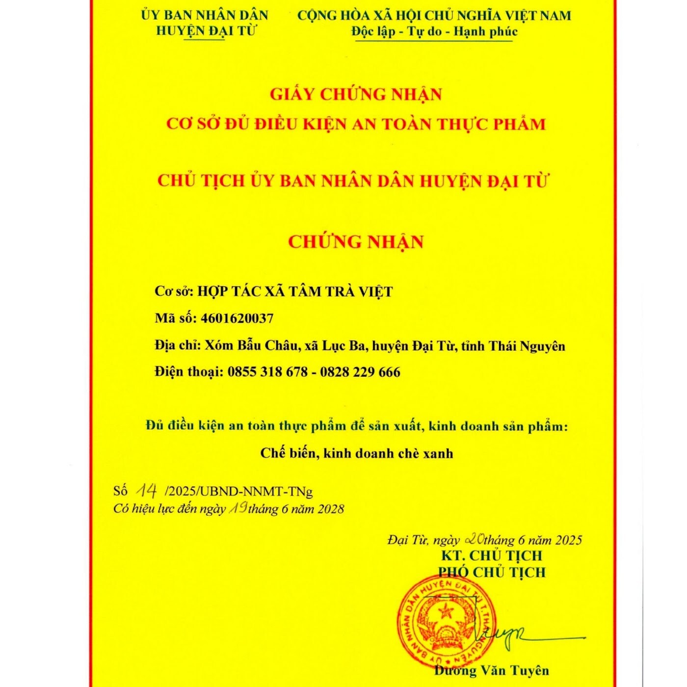 Chứng nhận & giấy tờ pháp lý Giấy chứng nhận cơ sở đủ điều kiện an toàn thực phẩm số 14/2025/UBND-NNMT-TNg