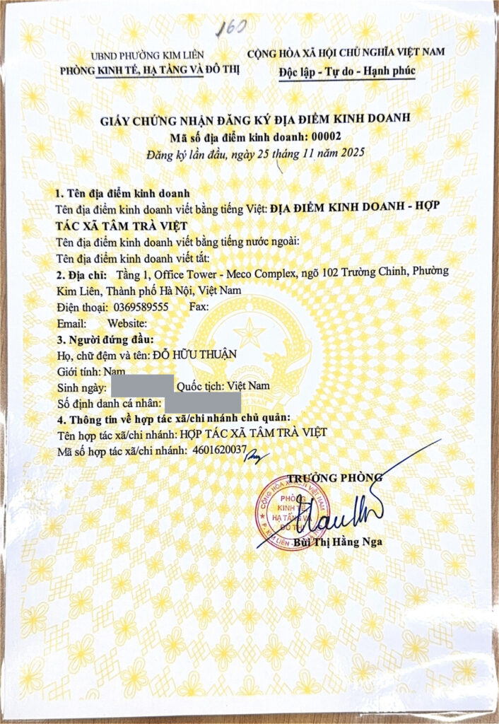 Chứng nhận & giấy tờ pháp lý Giấy chứng nhận đăng ký địa điểm kinh doanh của HTX Tâm Trà Việt tại Hà Nội