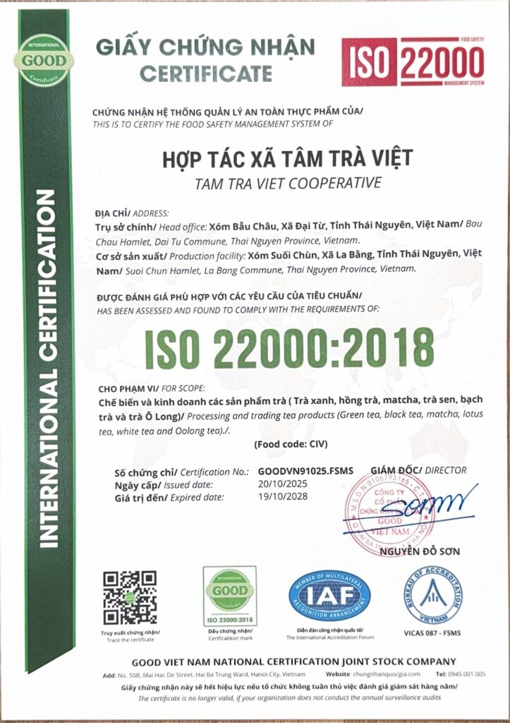 6 bước làm ISO 22000 cho xưởng chè và cách người mua sỉ đọc giấy chứng nhận Giấy chứng nhận ISO 22000:2018 của cơ sở chế biến chè La Bằng