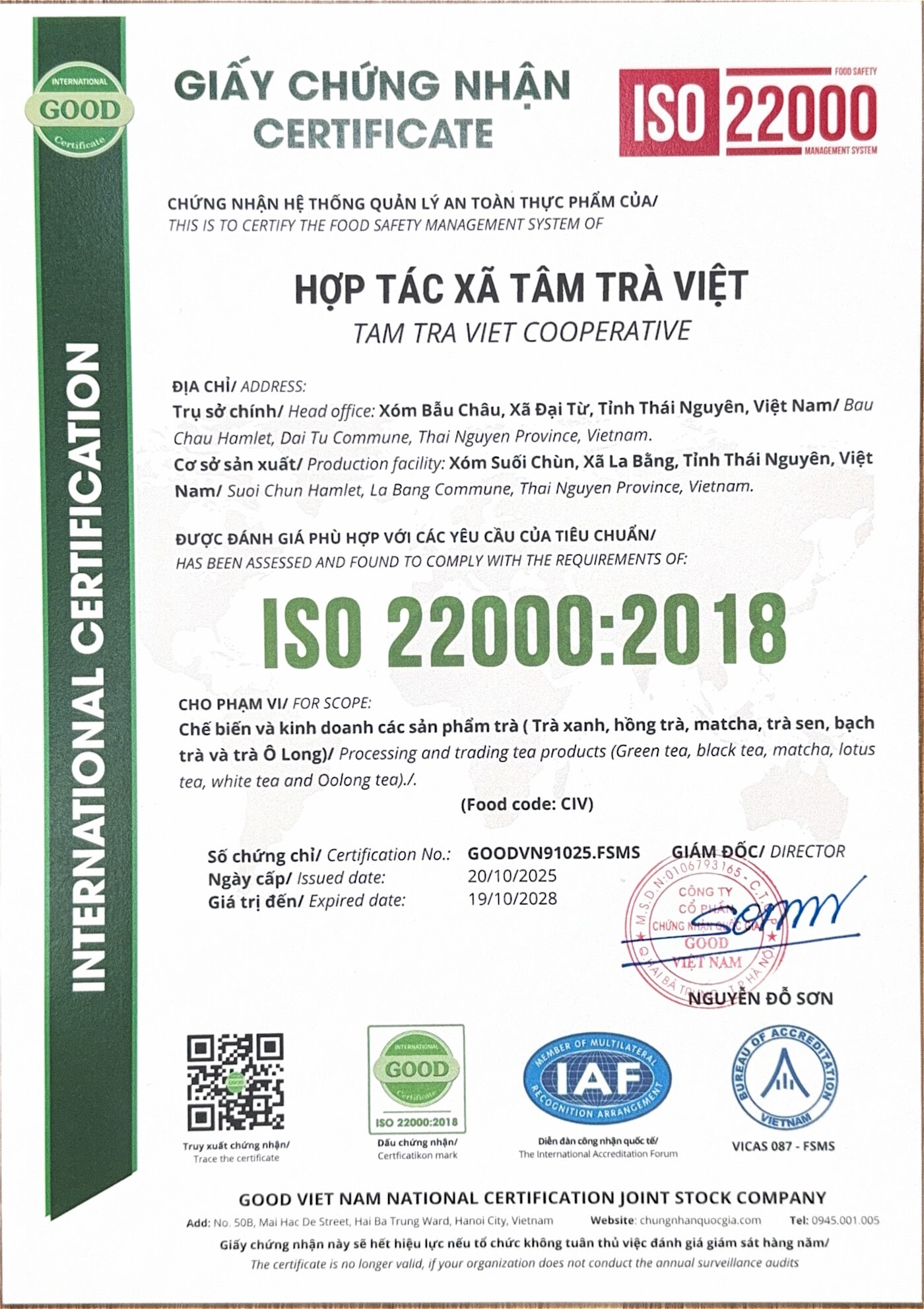 Chứng nhận & giấy tờ pháp lý Giấy chứng nhận ISO 22000:2018 số GOODVN91025.FSMS