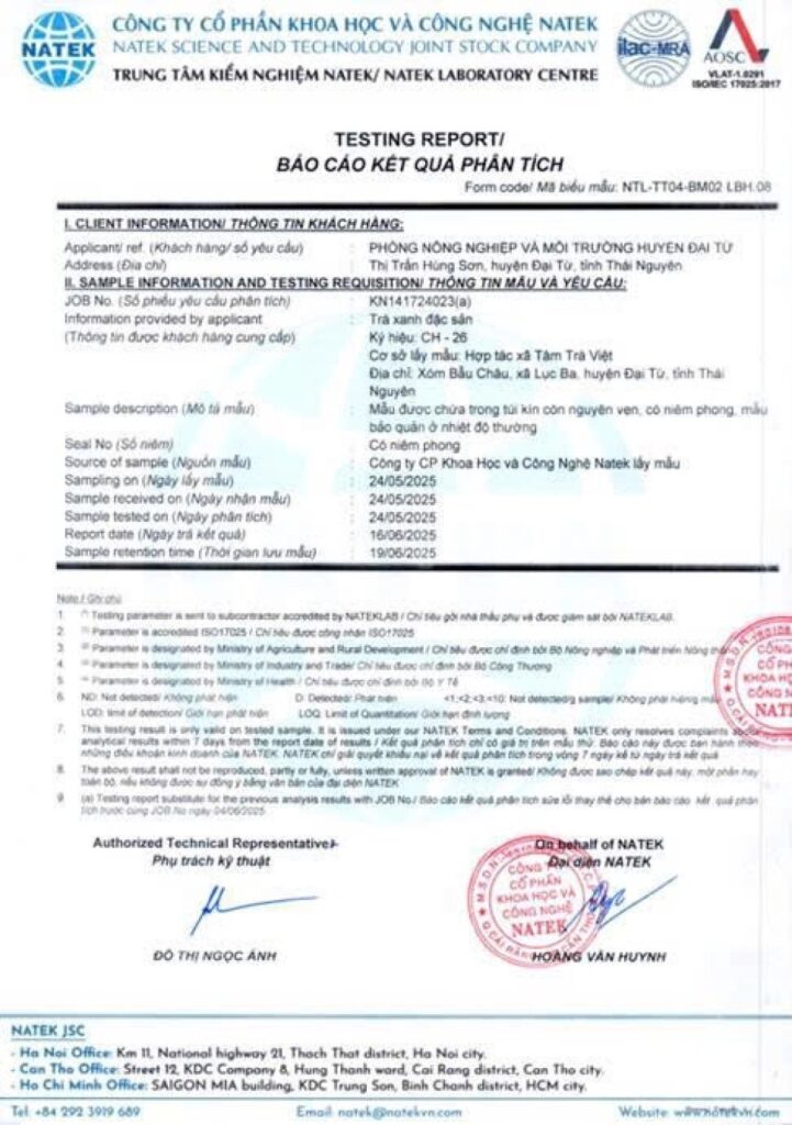 Chứng nhận & giấy tờ pháp lý Phiếu kết quả kiểm nghiệm mẫu trà xanh đặc sản do NATEK thực hiện