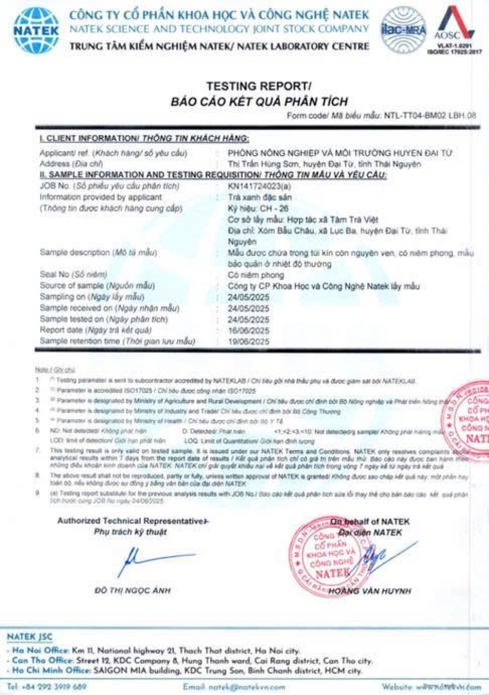 Phiếu kiểm nghiệm mẫu trà của hợp tác xã