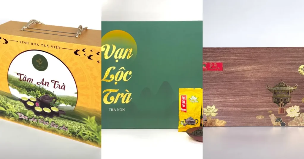 5 mẫu quà Tết doanh nghiệp bằng trà từ 300 nghìn mỗi suất: set Tâm An, Vạn Lộc và Thanh Liên hộp gỗ