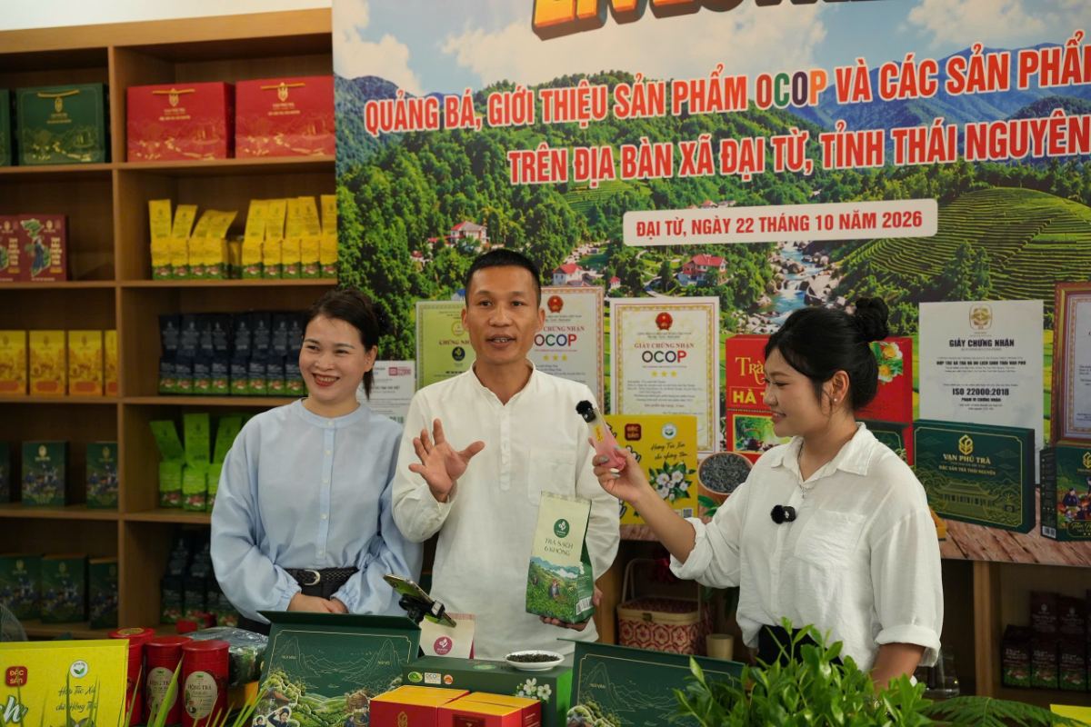 Xã Đại Từ tập huấn bán hàng số, livestream: HTX Tâm Trà Việt lên sóng với Trà Sạch 6 Không Anh Phạm Hoàng Giang, Giám đốc sản xuất / nghệ nhân chế biến trà HTX Tâm Trà Việt, giới thiệu Trà Sạch 6 Không trong buổi livestream xã Đại Từ