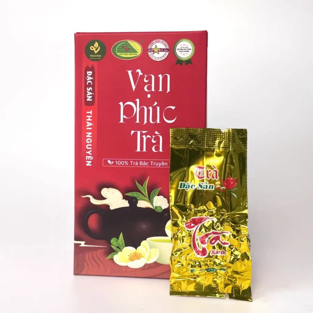 Quà Tết doanh nghiệp Hải Phòng cho khu công nghiệp, in logo hộp trà thế nào? Hộp Trà Vạn Phúc và túi trà bên trong, mã nền cho suất quà công nhân
