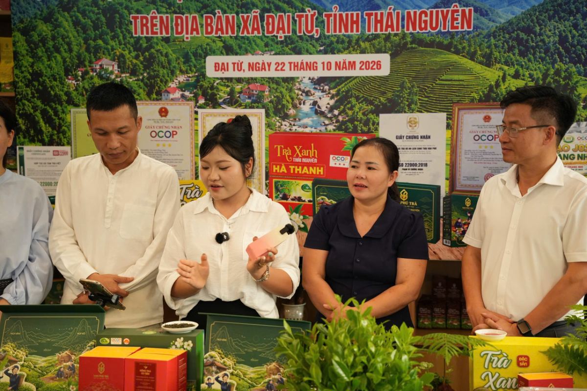 Xã Đại Từ tập huấn bán hàng số, livestream: HTX Tâm Trà Việt lên sóng với Trà Sạch 6 Không Người dẫn chương trình trao đổi cùng đại diện các hợp tác xã trong buổi livestream tại xã Đại Từ