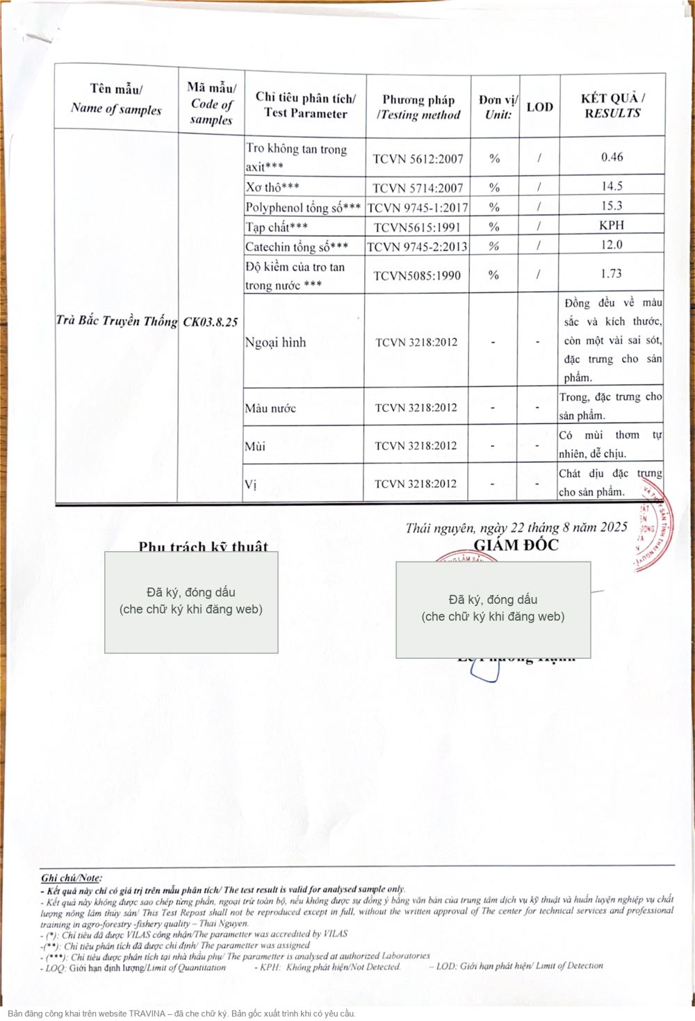 Phiếu kết quả kiểm nghiệm Trà Bắc Truyền Thống (trà trong Hộp Vạn Phúc) số 3082025/KQKN – trang 2