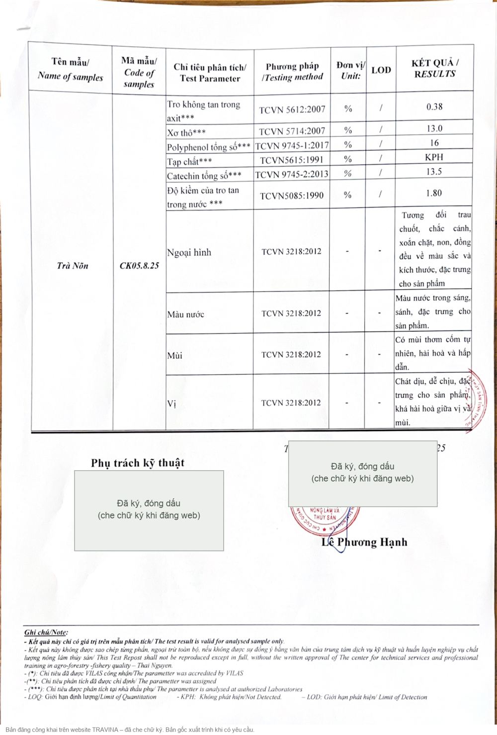 Phiếu kết quả kiểm nghiệm dòng Trà Nõn số 3282025/KQKN – trang 2