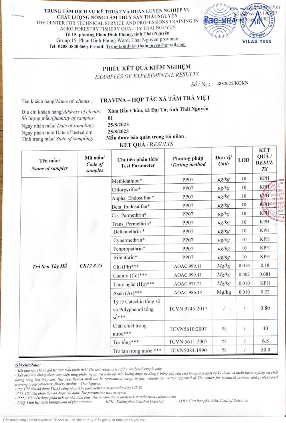 Rapport d'analyse 4882025/KQKN Trà Sen Tây Hồ, page 1